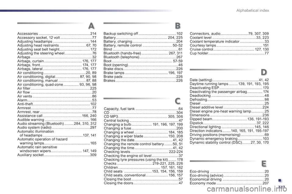 Peugeot 508 Hybrid 2013  Owners Manual - RHD (UK, Australia) .
327 Alphabetical index
Accessories ..................................................214Accessory socket, 12 volt ...............................77Adjusting headlamps ...............................