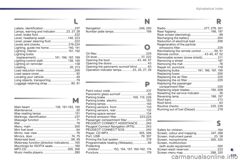 Peugeot 508 Hybrid 2013  Owners Manual - RHD (UK, Australia) .
329
Alphabetical index
Labels, identification.....................................237Lamps, warning and indicator.............r23, 27, 28Level, brake fluid...........................................