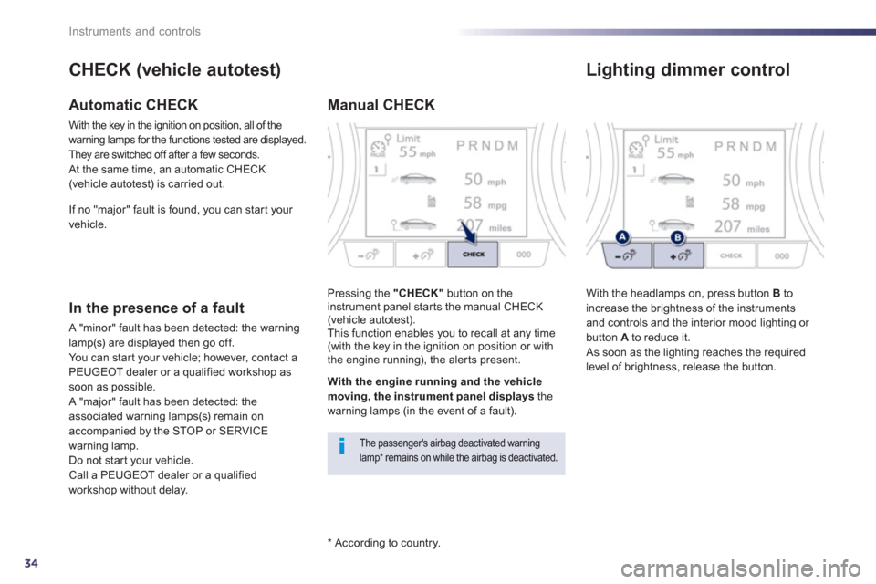 Peugeot 508 Hybrid 2013  Owners Manual - RHD (UK, Australia) 34
Instruments and controls
   
*  
 According to country.  
CHECK (vehicle autotest)
Automatic CHECK 
With the key in the ignition on position, all of the 
warning lamps for the functions tested are 