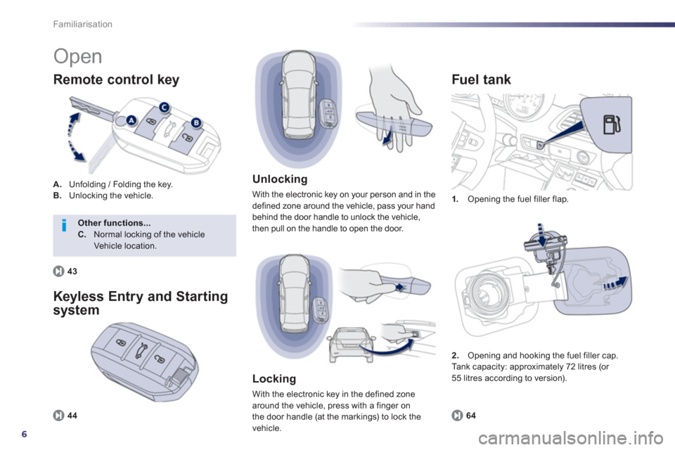 Peugeot 508 Hybrid 2013  Owners Manual - RHD (UK, Australia) 6
Familiarisation
  Open 
A. 
 Unfolding / Folding the key.B.Unlocking the vehicle.
Remote control key 
1. 
 Opening the fuel filler flap.
 
 
Fuel t ank 
64
 
 
Unlocking
 
With the electronic key on