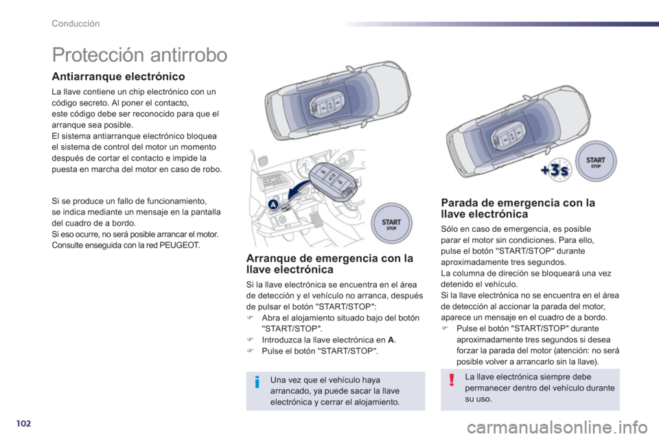 Peugeot 508 Hybrid 2013  Manual del propietario (in Spanish) 102
Conducción
   
 
 
 
 
 
 
 
 
 
 
Protección antirrobo  
Antiarranque electrónico 
La llave contiene un chip electrónico con un código secreto. Al poner el contacto,
este código debe ser re