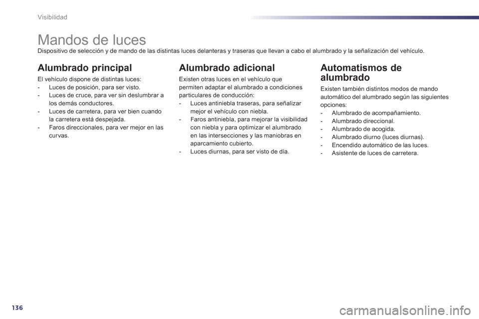 Peugeot 508 Hybrid 2013  Manual del propietario (in Spanish) 136
Visibilidad
   
 
 
 
 
 
 
 
 
 
 
 
 
 
Mandos de luces Dispositivo de selección y de mando de las distintas luces delanteras y traseras que llevan a cabo el alumbrado y la señalización del v