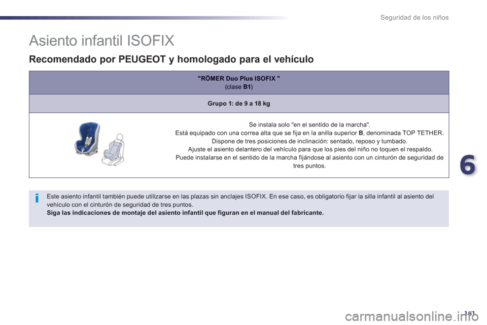 Peugeot 508 Hybrid 2013  Manual del propietario (in Spanish) 6
161
Seguridad de los niños
   
 
 
 
 
 
 
 
 
 
 
 
 
 
 
 
 
Asiento infantil ISOFIX 
 
 
Este asiento infantil también puede utilizarse en las plazas sin anclajes ISOFIX. En ese caso, es obliga