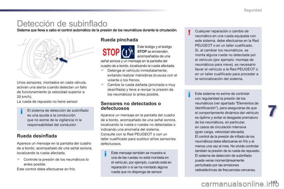 Peugeot 508 Hybrid 2013  Manual del propietario (in Spanish) 7
167
Seguridad
   
 
 
 
 
 
 
 
Detección de subinﬂ ado 
 
 
Unos sensores, montados en cada válvula, activan una alerta cuando detectan un fallo 
de funcionamiento (a velocidad superior a 
20 k