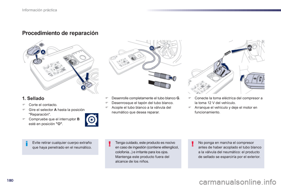 Peugeot 508 Hybrid 2013  Manual del propietario (in Spanish) 180
Información práctica
Procedimiento de reparación 
1. Sellado  �) 
 Desenrolle completamente el tubo blanco G.�) 
 Desenrosque el tapón del tubo blanco. �) 
 Acople el tubo blanco a la válvula