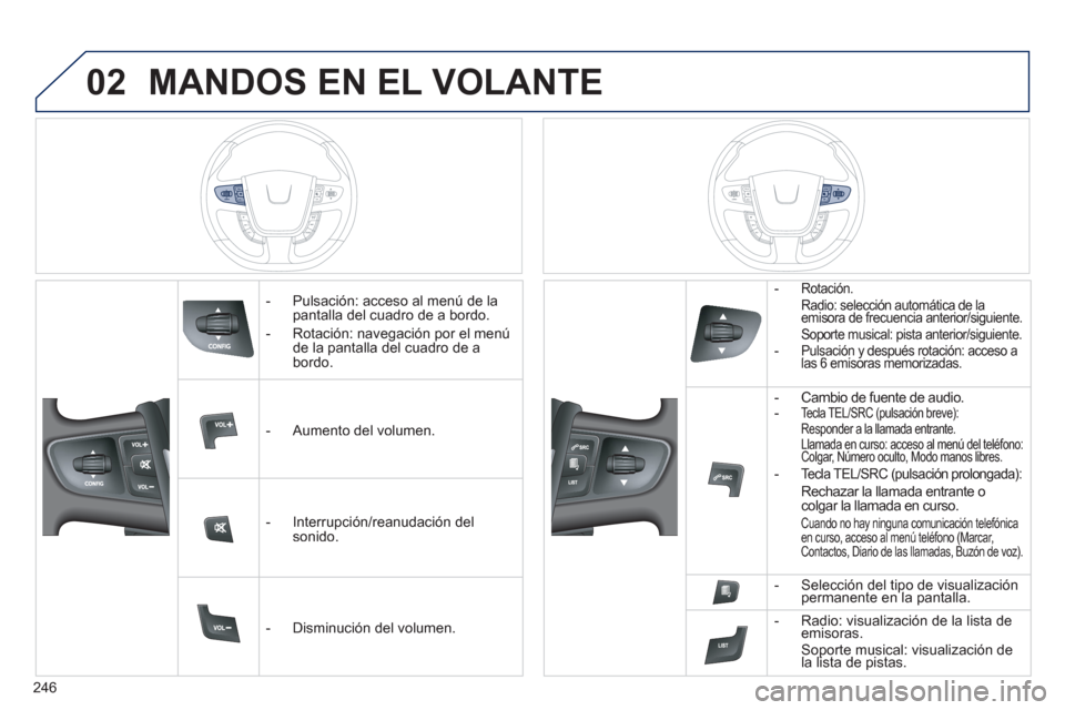 Peugeot 508 Hybrid 2013  Manual del propietario (in Spanish) 246
02MANDOS EN EL VOLANTE
   
 
-  Pulsación: acceso al menú de lapantalla del cuadro de a bordo.
   
-  Rotación: nave
gación por el menú
de la pantalla del cuadro de a
bordo.  
   
 
-  A
umen
