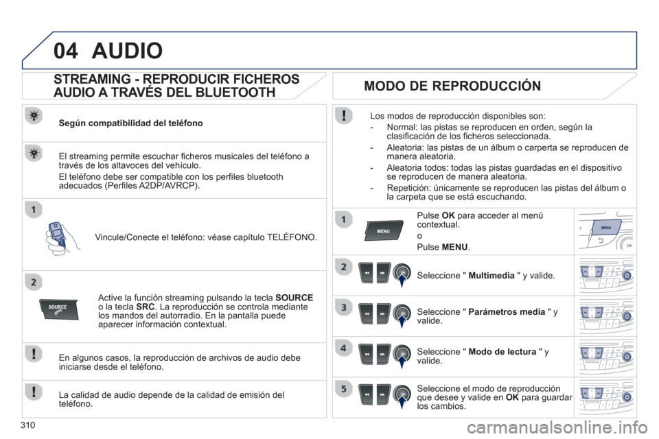 Peugeot 508 Hybrid 2013  Manual del propietario (in Spanish) 310
04AUDIO 
   
 
 
 
 
 
STREAMING - REPRODUCIR FICHEROS 
AUDIO A TRAVÉS DEL BLUETOOTH 
Según compatibilidad del teléfono  
Vincule/Conecte el teléfono: véase ca
pítulo TELÉFONO. El streamin
