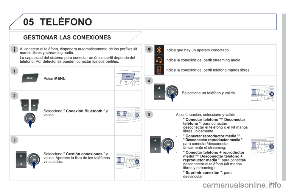 Peugeot 508 Hybrid 2013  Manual del propietario (in Spanish) 313
 
 
05TELÉFONO
   
Al conectar el teléfono, dispondrá automáticamente de los perﬁ les kit 
manos libres y streaming audio.
  La capacidad del sistema para conectar un ˙nico per
ﬁ l depend