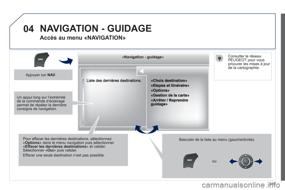 Peugeot 508 Hybrid 2013  Manuel du propriétaire (in French) 249
04
««««««««««««gggggggggggggggNavigation  guidageNavigation guidageNavigation guidageNavigation guidageNavigation guidageNavigation - guidageNavigation - guidageNavigation - guidageNav