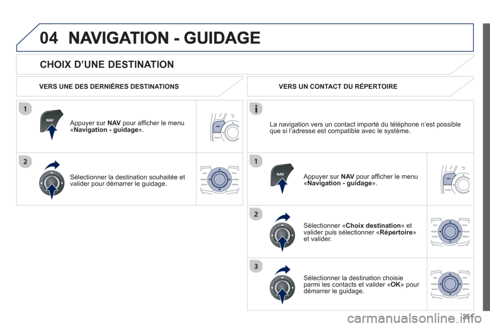 Peugeot 508 Hybrid 2013  Manuel du propriétaire (in French) 251
04
   
CHOIX D’UNE DESTINATION 
 
 VERS UNE DES DERNIÈRES DESTINATIONS  
   
Appuyer sur NAV 
 pour afﬁ cher le menu´Navigation - guidage ».  
Sélectionner la destination souhaitée et 
va