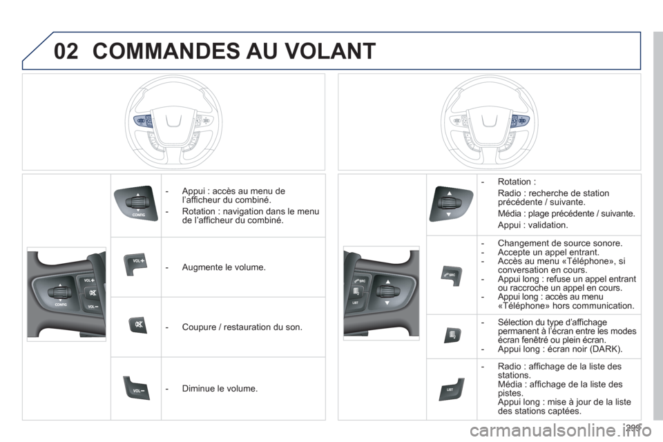 Peugeot 508 Hybrid 2013  Manuel du propriétaire (in French) 02
299
COMMANDES AU VOLANT
   
 
-   Appui : accès au menu del’afﬁ cheur du combiné. 
   
-   Rotation : navi
gation dans le menude l’afﬁ cheur du combiné.
   
 
-  Au
gmente le volume.
   