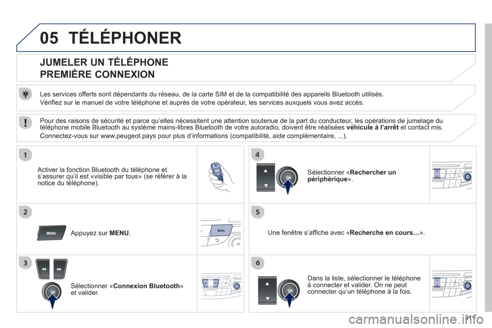 Peugeot 508 Hybrid 2013  Manuel du propriétaire (in French) 311
05TÉLÉPHONER
   
 
 
 
 
 
 
 
 
JUMELER UN TÉLÉPHONE  
PREMIÈRE CONNEXION 
   
Les services offerts sont dépendants du réseau, de la carte SIM et de la compatibilité des appareils Bluetoo