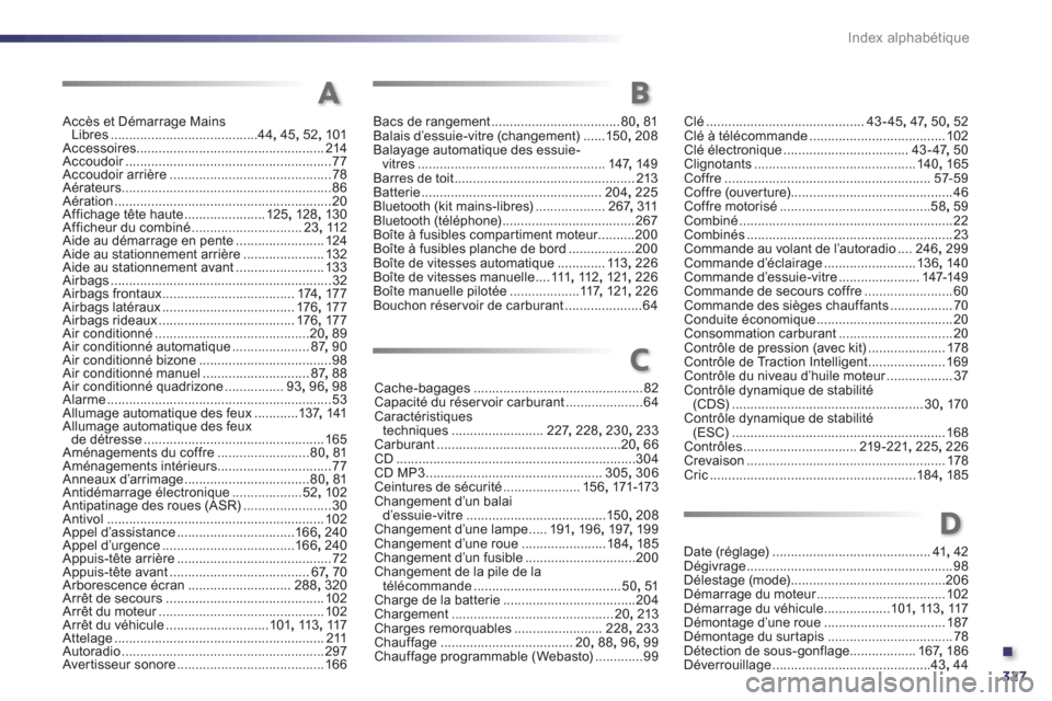 Peugeot 508 Hybrid 2013  Manuel du propriétaire (in French) .
327 Index alphabétique
Accès et Démarrage Mains 
Libres........................................44, 45,52,101Accessoires...................................................214Accoudoir.............