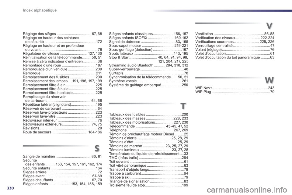 Peugeot 508 Hybrid 2013  Manuel du propriétaire (in French) 330Index alphabétique
Réglage des sièges ..................................67,68Réglage en hauteur des ceintures de sécurité.................................................. 172Réglage en haut