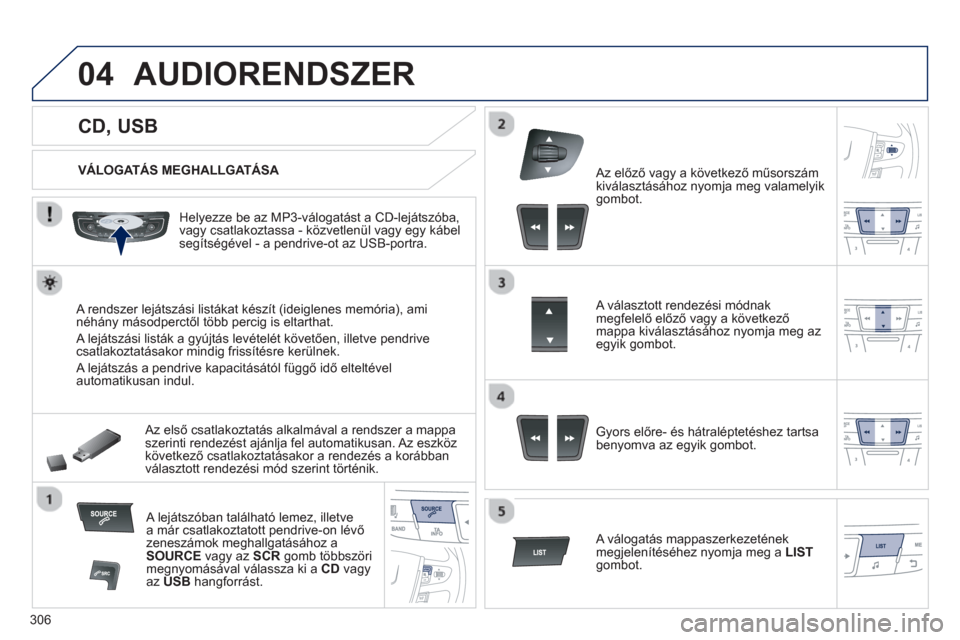 Peugeot 508 Hybrid 2013  Kezelési útmutató (in Hungarian) 306
04
   
 
 
 
 
 
 
 
 
 
 
 
CD, USB 
AUDIORENDSZER
 
 VÁLOGATÁS MEGHALLGATÁSA 
 
   
Hel
yezze be az MP3-válogatást a CD-lejátszóba,
vagy csatlakoztassa - közvetlenül vagy egy kábel seg