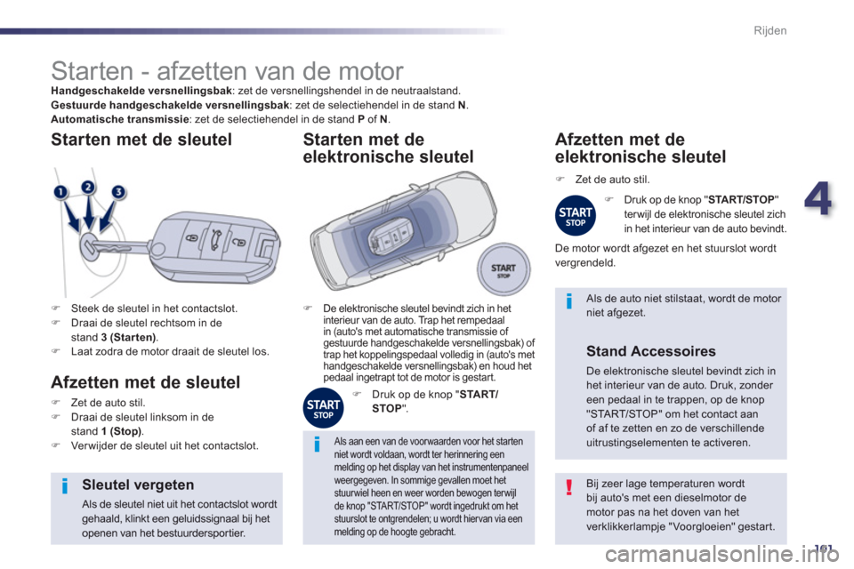 Peugeot 508 Hybrid 2013  Handleiding (in Dutch) 4
101
Rijden
   
 
 
 
 
 
 
 
 
 
 
Starten - afzetten van de motor Handgeschakelde versnellingsbak: zet de versnellingshendel in de neutraalstand. Gestuurde handgeschakelde versnellingsbak 
: zet de