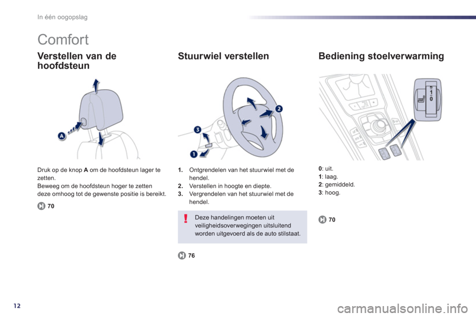 Peugeot 508 Hybrid 2013  Handleiding (in Dutch) 12
In één oogopslag
  Comfort 
Verstellen van de 
hoofdsteun 
701
.Ontgrendelen van het stuur wiel met de
hendel. 
2.    Verstellen in hoogte en diepte.3. 
 Vergrendelen van het stuur wiel met de he