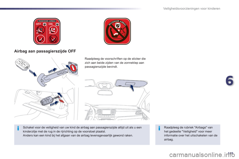 Peugeot 508 Hybrid 2013  Handleiding (in Dutch) 6
155
Veiligheidsvoorzieningen voor kinderen
   
 
Airbag aan passagierszijde OFF  
 
 
Raadpleeg de rubriek "Airbags" van het gedeelte "Veiligheid" voor meer informatie over het uitschakelen van deai