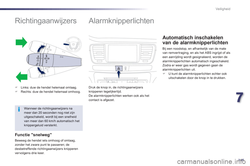 Peugeot 508 Hybrid 2013  Handleiding (in Dutch) 7
165
Veiligheid
   
 
 
 
 
 
 
 
 
 
 
 
Richtingaanwijzers 
�)Links: duw de hendel helemaal omlaag.�)Rechts: duw de hendel helemaal omhoog.  
 
 Functie "snelweg" 
 
Beweeg de hendel iets omhoog of