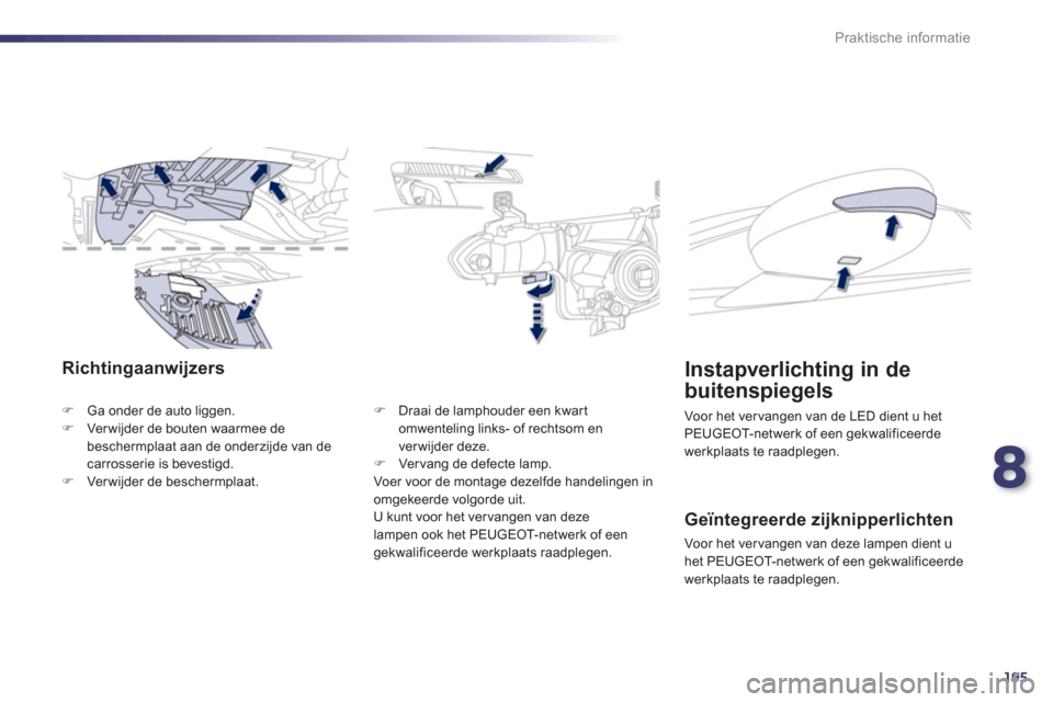 Peugeot 508 Hybrid 2013  Handleiding (in Dutch) 8
195
Praktische informatie
Richtingaanwijzers
�)Ga onder de auto liggen.�)Ver wijder de bouten waarmee de 
beschermplaat aan de onderzijde van de carrosserie is bevestigd. �)Ver wijder de beschermpla