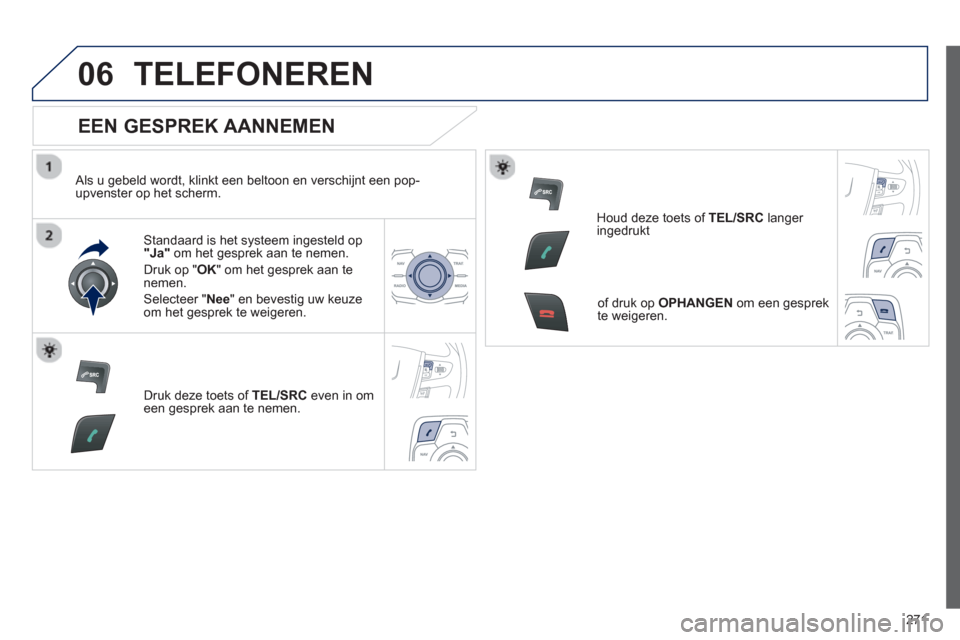 Peugeot 508 Hybrid 2013  Handleiding (in Dutch) 271
06TELEFONEREN 
   
EEN GESPREK AANNEMEN 
 
 Als u gebeld wordt, klinkt een beltoon en verschijnt een pop-upvenster op het scherm.  
Standaard is het s
ysteem ingesteld op "Ja"om het gesprek aan te