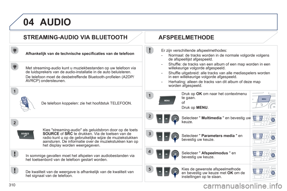 Peugeot 508 Hybrid 2013 Handleiding (in Dutch) 310
04AUDIO
STREAMING-AUDIO VIA BLUETOOTH
Afhankelijk van de technische specificaties van de telefoon
De telefoon ko
ppelen: zie het hoofdstuk TELEFOON. Met streamin
g-audio kunt u muz Peugeot 508 Hybrid 2013 Handleiding (in Dutch) 310
04AUDIO
STREAMING-AUDIO VIA BLUETOOTH
Afhankelijk van de technische specificaties van de telefoon
De telefoon ko
ppelen: zie het hoofdstuk TELEFOON. Met streamin
g-audio kunt u muz