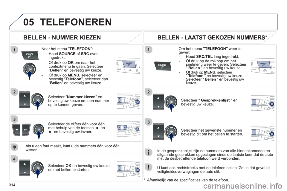 Peugeot 508 Hybrid 2013 Handleiding (in Dutch) 314
05TELEFONEREN
Naar het menu " TELEFOON":
- Houd SOURCE
of SRC
even ingedrukt.
-
Of druk op OKom naar hetcontextmenu te gaan. Selecteer
" Bellen
" en bevestig uw keuze.
-
Of druk Peugeot 508 Hybrid 2013 Handleiding (in Dutch) 314
05TELEFONEREN
Naar het menu " TELEFOON":
- Houd SOURCE
of SRC
even ingedrukt.
-
Of druk op OKom naar hetcontextmenu te gaan. Selecteer
" Bellen
" en bevestig uw keuze.
-
Of druk
