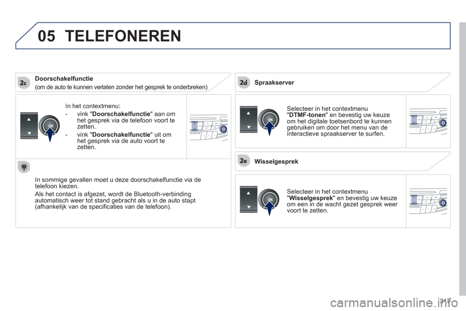 Peugeot 508 Hybrid 2013 Handleiding (in Dutch) 317
05
In het contextmenu:
-
vink"Doorschakelfunctie" aan om
het gesprek via de telefoon voort te zetten.
- v
ink " Doorschakelfunctie" uit om
het gesprek via de auto voort te
zetten.
In som Peugeot 508 Hybrid 2013 Handleiding (in Dutch) 317
05
In het contextmenu:
-
vink"Doorschakelfunctie" aan om
het gesprek via de telefoon voort te zetten.
- v
ink " Doorschakelfunctie" uit om
het gesprek via de auto voort te
zetten.
In som