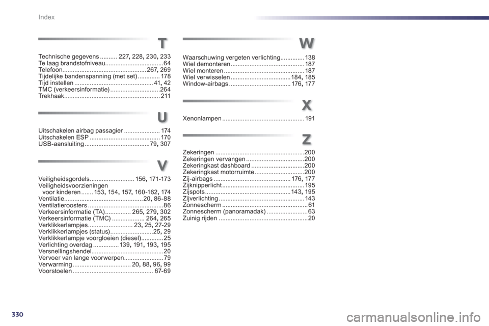 Peugeot 508 Hybrid 2013  Handleiding (in Dutch) 330Index
Technische gegevens ..........227,228,230, 233Te  l a ag brandstofniveau..................................64
Telefoon................................................. 267,269Tijdelijke banden