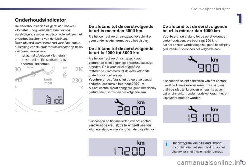 Peugeot 508 Hybrid 2013  Handleiding (in Dutch) 1
35
Controle tijdens het rijden
Onderhoudsindicator 
De afstand tot de eerstvolgendebeurt is meer dan 3000 km 
 Als het contact wordt aangezet, verschijnt er 
geen onderhoudsinformatie op het display