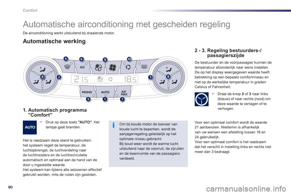 Peugeot 508 Hybrid 2013  Handleiding (in Dutch) 90
Comfort
   
 
 
 
 
Automatische airconditioning met gescheiden regeling 
Automatische werking
1.  Automatisch programma "Comfort"
�) 
  Druk op deze toets "AU TO ". Het lampje gaat branden.  
Het 