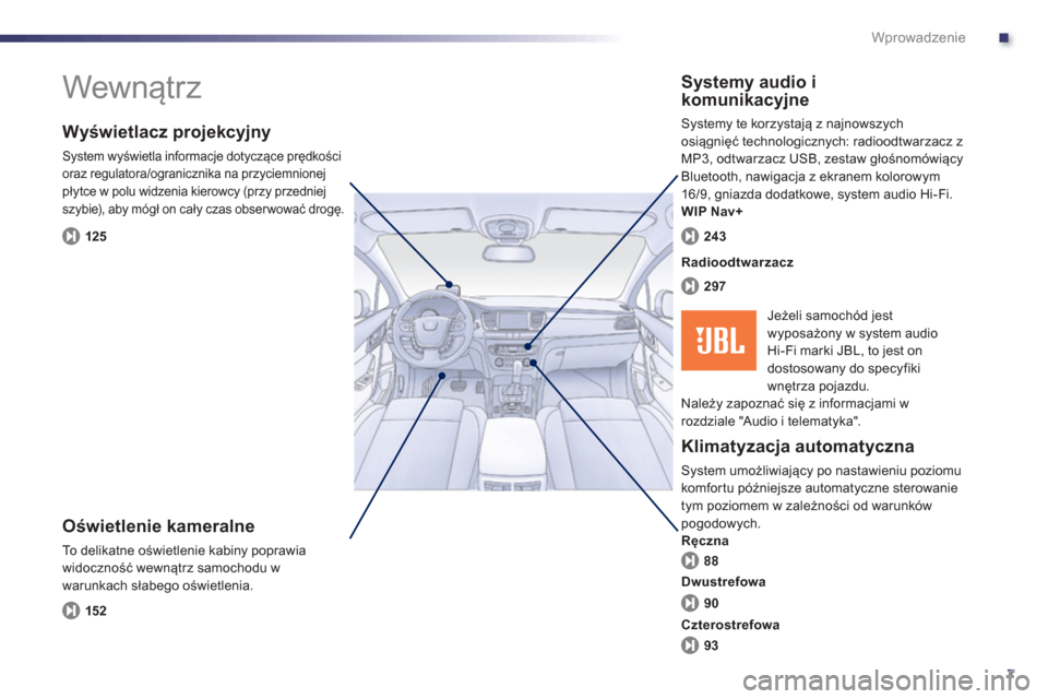 Peugeot 508 Hybrid 2013  Instrukcja Obsługi (in Polish) .
7
Wprowadzenie
  Wewnątrz  
 
 
Oświetlenie kameralne
 
To delikatne oświetlenie kabiny poprawia
widoczność wewnątrz samochodu w 
warunkach słabe
go oświetlenia.
 
 
Wyświetlacz projekcyjny