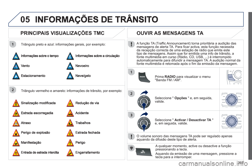 Peugeot 508 Hybrid 2013  Manual do proprietário (in Portuguese) 265
05
   
 
 
 
 
 
PRINCIPAIS VISUALIZAÇÕES TMC 
 
 
Triângulo vermelho e amarelo: informações de trânsito, por exemplo:    
Triângulo preto e azul: informações gerais, por exemplo: 
 
 
 
