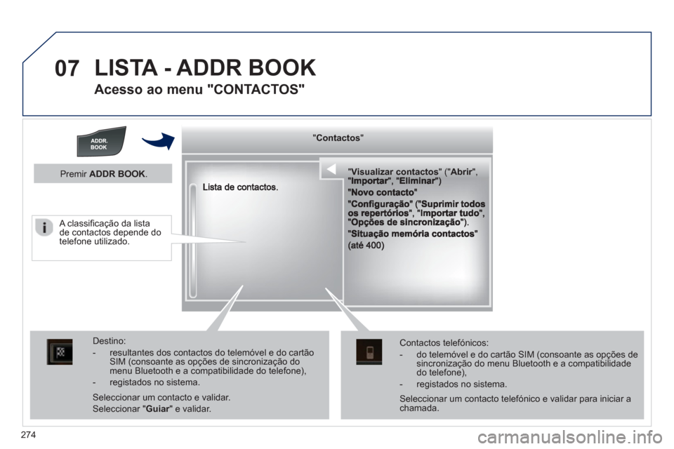 Peugeot 508 Hybrid 2013  Manual do proprietário (in Portuguese) 274
07  LISTA - ADDR BOOK 
 
 
Acesso ao menu "CONTACTOS" 
  """"""""ContactosContactosContactosContactosContactosContactosContactosContactosContactosContactosContactosContactosContactosContactosCttCt
