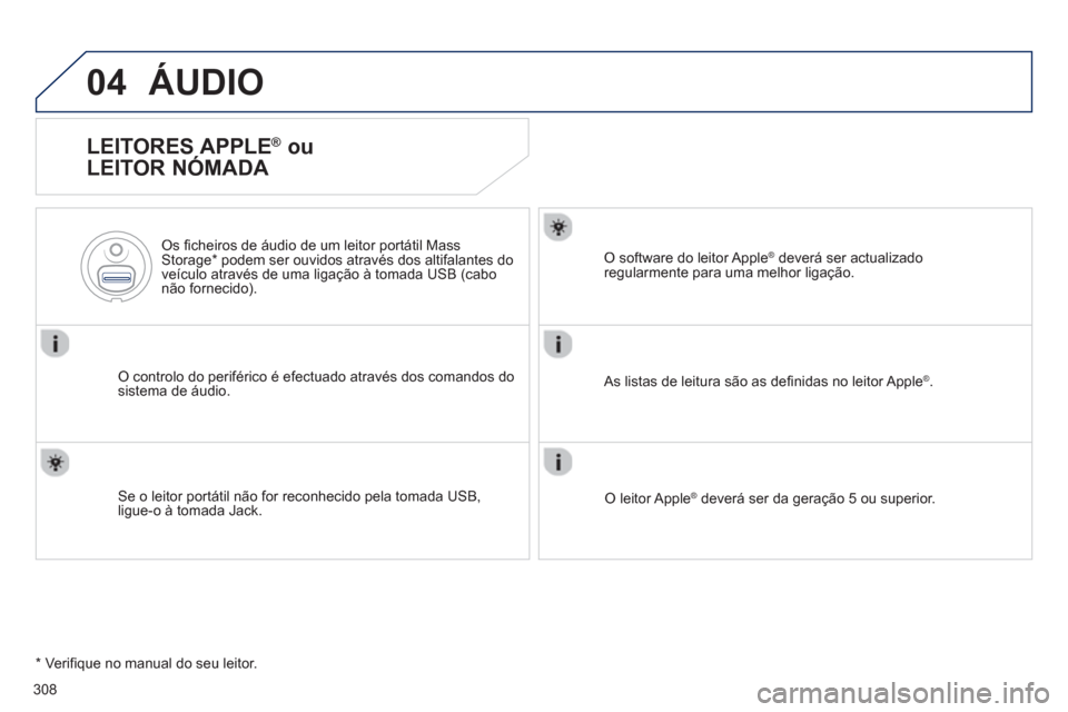 Peugeot 508 Hybrid 2013 Manual do proprietário (in Portuguese) 308
04ÁUDIO
LEITORES APPLE ®
ou
LEITOR NÓMADA
O controlo do periférico é efectuado através dos comandos do sistema de áudio.
Os ficheiros de áudio de um leitor portátil Mass St Peugeot 508 Hybrid 2013 Manual do proprietário (in Portuguese) 308
04ÁUDIO
LEITORES APPLE ®
ou
LEITOR NÓMADA
O controlo do periférico é efectuado através dos comandos do sistema de áudio.
Os ficheiros de áudio de um leitor portátil Mass St