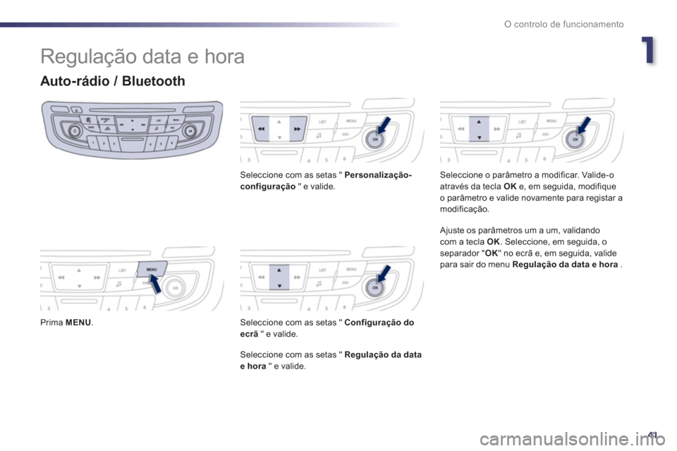 Peugeot 508 Hybrid 2013  Manual do proprietário (in Portuguese) 1
41
O controlo de funcionamento
  Regulação data e hora 
Auto-rádio / Bluetooth
 
 Prima  MENU.
Seleccione com as setas "  Personalização-configuração" e valide.  
Seleccione com as setas "  C