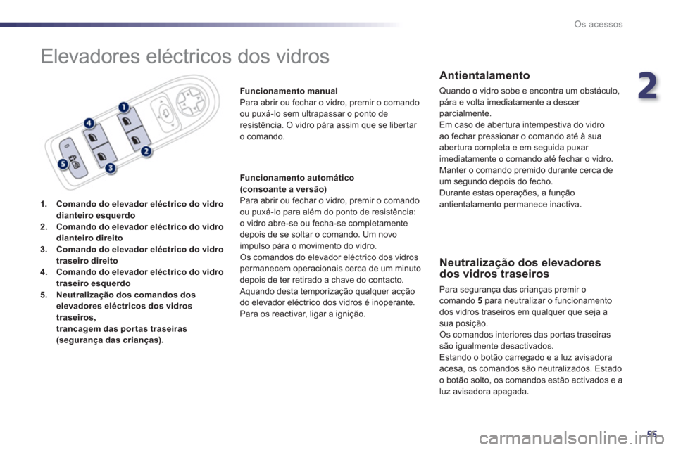Peugeot 508 Hybrid 2013 Manual do proprietário (in Portuguese) 2
55
Os acessos
Elevadores eléctricos dos vidros
1.Comando do elevador eléctrico do vidro dianteiro esquerdo2.Comando do elevador eléctrico do vidro dianteiro direito3.Comando do elevador eléct Peugeot 508 Hybrid 2013 Manual do proprietário (in Portuguese) 2
55
Os acessos
Elevadores eléctricos dos vidros
1.Comando do elevador eléctrico do vidro dianteiro esquerdo2.Comando do elevador eléctrico do vidro dianteiro direito3.Comando do elevador eléct