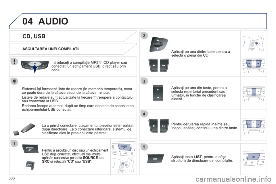 Peugeot 508 Hybrid 2013  Manualul de utilizare (in Romanian) 306
04
   
 
 
 
 
 
 
 
 
 
 
 
CD, USB 
AUDIO 
 
 
ASCULTAREA UNEI COMPILATII
   
Introduce
ţi o compilaţie MP3 