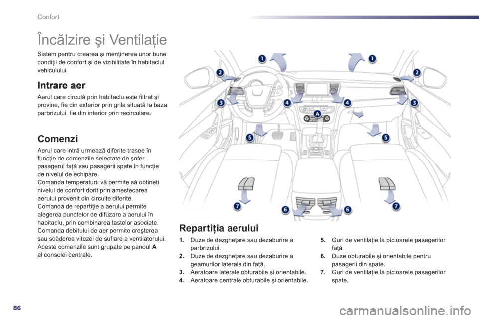 Peugeot 508 Hybrid 2013  Manualul de utilizare (in Romanian) 86
Confort
   
 
 
 
 
 
 
 
Încălzire şi Ventilaţie 
 Aerul care circulă prin habitaclu este filtrat şi provine, fie din exterior prin grila situată la baza parbrizului, fie din interior prin 