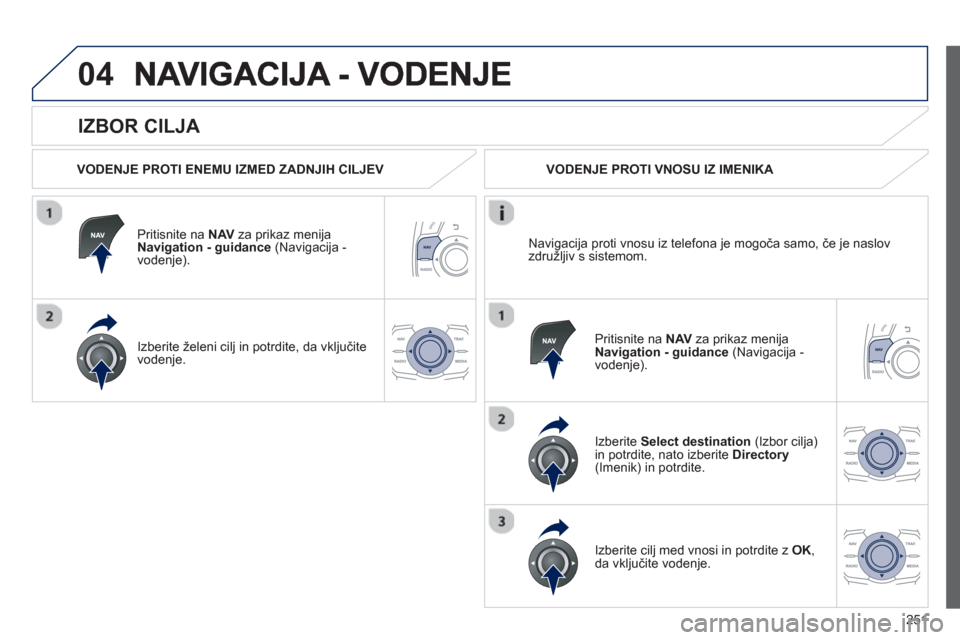 Peugeot 508 Hybrid 2013 Priročnik za lastnika (in Slovenian) 251
04
IZBOR CILJA
VODENJE PROTI ENEMU IZMED ZADNJIH CILJEV
Priti
snite na NAVza prikaz menija
Navigation - guidance (Navigacija -
vodenje).
Izberite
želeni cilj in potrdite, da vklj Peugeot 508 Hybrid 2013 Priročnik za lastnika (in Slovenian) 251
04
IZBOR CILJA
VODENJE PROTI ENEMU IZMED ZADNJIH CILJEV
Priti
snite na NAVza prikaz menija
Navigation - guidance (Navigacija -
vodenje).
Izberite
želeni cilj in potrdite, da vklj
