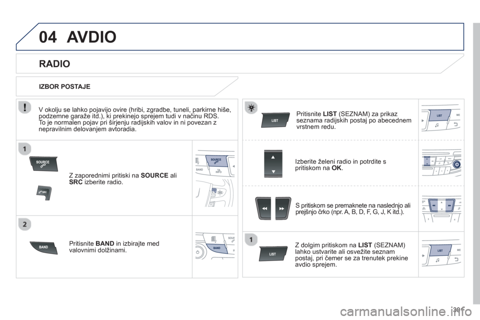 Peugeot 508 Hybrid 2013  Priročnik za lastnika (in Slovenian) 301
04AVDIO
Z zaporednimi pritiski na  SOURCEali
SRC 
 izberite radio.
Priti
snite BANDin izbirajte med 
valovnimi dolžinami.
Pritisnite LIST(SEZNAM) za prikaz 
seznama radijskih postaj po abecednem 