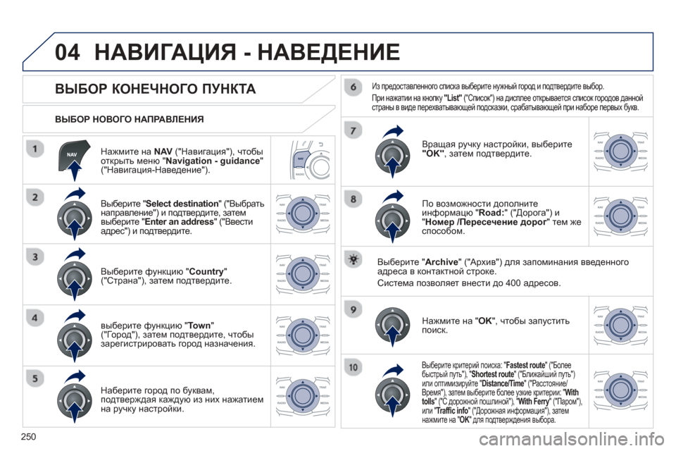 Peugeot 508 Hybrid 2013 Инструкция по эксплуатации (in Russian)
250
04
Нажмите на NAV ("Навигация "), чтобы открыть меню "Navigation - guidance"("Навигация -Наведение ").
ВЫБОР
НОВОГО Peugeot 508 Hybrid 2013 Инструкция по эксплуатации (in Russian)
250
04
Нажмите на NAV ("Навигация "), чтобы открыть меню "Navigation - guidance"("Навигация -Наведение ").
ВЫБОР
НОВОГО