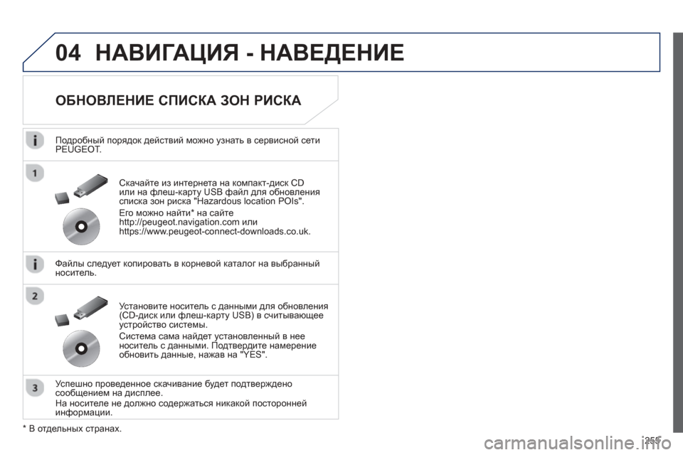 Peugeot 508 Hybrid 2013 Инструкция по эксплуатации (in Russian)
255
04НАВИГАЦИЯ - НАВЕДЕНИЕ
ОБНОВЛЕНИЕ СПИСКА ЗОН РИСКА
Подробный порядок действий можно узнать в сер Peugeot 508 Hybrid 2013 Инструкция по эксплуатации (in Russian)
255
04НАВИГАЦИЯ - НАВЕДЕНИЕ
ОБНОВЛЕНИЕ СПИСКА ЗОН РИСКА
Подробный порядок действий можно узнать в сер