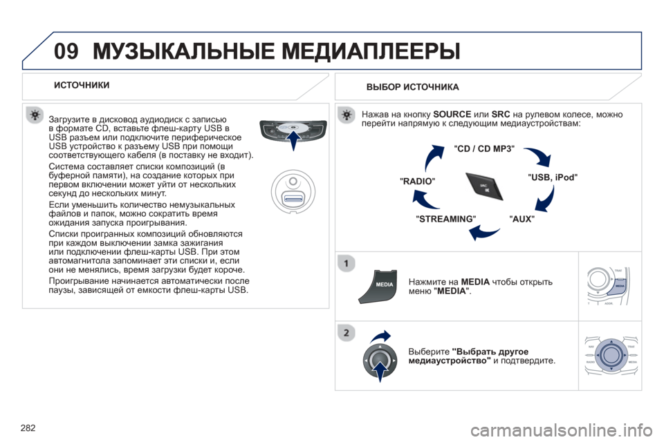 Peugeot 508 Hybrid 2013 Инструкция по эксплуатации (in Russian)
282
09
ИСТОЧНИКИ
Загрузите в дисковод аудиодиск с записью
в формате CD, вставьте флеш -карту USB вUSB разъ Peugeot 508 Hybrid 2013 Инструкция по эксплуатации (in Russian)
282
09
ИСТОЧНИКИ
Загрузите в дисковод аудиодиск с записью
в формате CD, вставьте флеш -карту USB вUSB разъ
