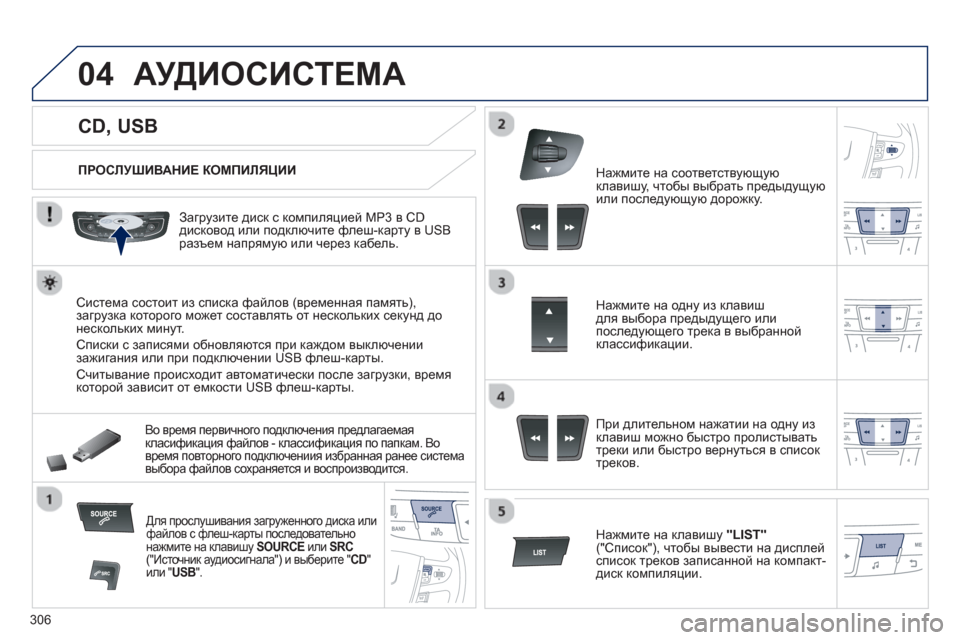 Peugeot 508 Hybrid 2013 Инструкция по эксплуатации (in Russian) 306
04
CD, USB
АУДИОСИСТЕМА
ПРОСЛУШИВАНИЕ КОМПИЛЯЦИИ
Загрузите диск с компиляцией MP3 в CD
дисков Peugeot 508 Hybrid 2013 Инструкция по эксплуатации (in Russian) 306
04
CD, USB
АУДИОСИСТЕМА
ПРОСЛУШИВАНИЕ КОМПИЛЯЦИИ
Загрузите диск с компиляцией MP3 в CD
дисков