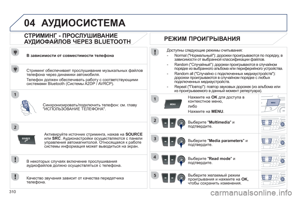 Peugeot 508 Hybrid 2013  Инструкция по эксплуатации (in Russian) 310
04АУДИОСИСТЕМА
   
 
 
 
 
 
СТРИМИНГ - ПРОСЛУШИВАНИЕ 
АУДИОФАЙЛОВ ЧЕРЕЗ BLUETOOTH 
В зависимости от совместимости те