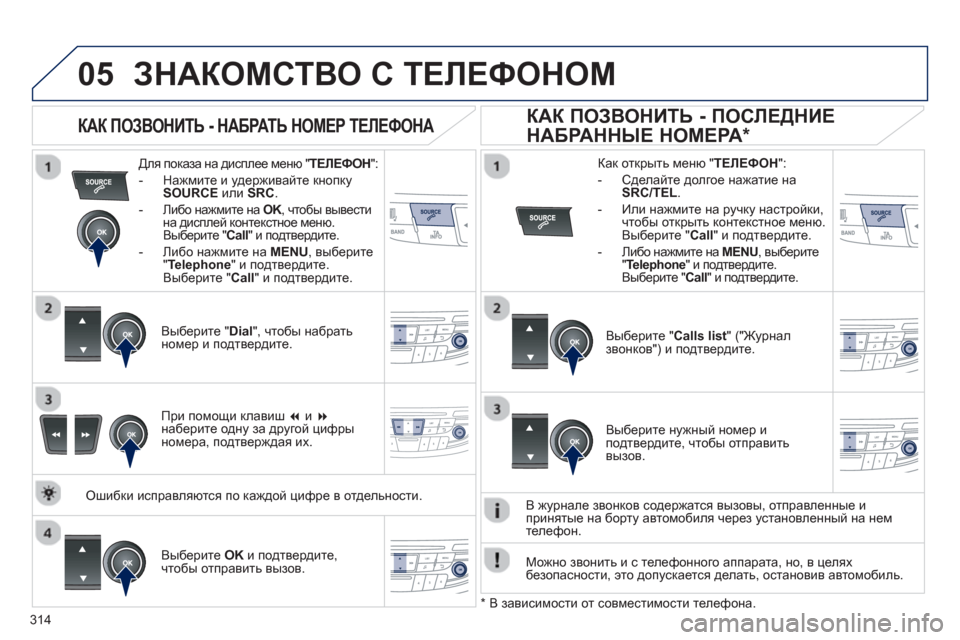 Peugeot 508 Hybrid 2013  Инструкция по эксплуатации (in Russian) 314
 
  
05ЗНАКОМСТВО С ТЕЛЕФОНОМ 
Для показа на дисплее меню " ТЕЛЕФОН":
-  Нажмите и удерживайте кнопку 
SOURCE   или  SR
