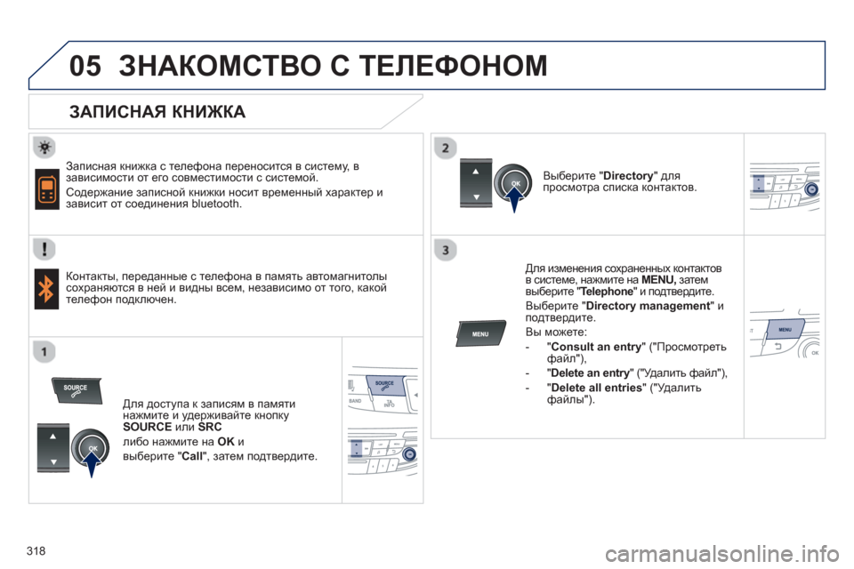Peugeot 508 Hybrid 2013  Инструкция по эксплуатации (in Russian) 318
 
  
05ЗНАКОМСТВО С ТЕЛЕФОНОМ 
 
 
ЗАПИСНАЯ КНИЖКА 
 
 
Записная книжка с телефона переносится в систему, в завис