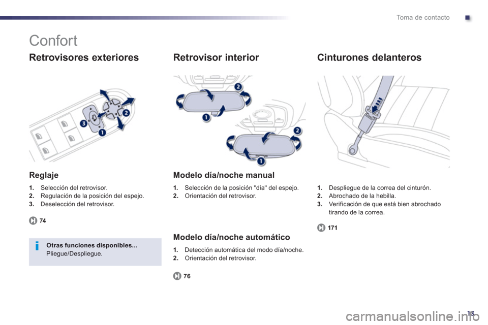 Peugeot 508 Hybrid 2011  Manual del propietario (in Spanish) .
13
To m a  d e  c o n t a c t o
  Confort 
 
 
Retrovisores exteriores
 
 
Reglaje 
1. 
 Selección del retrovisor.2.Regulación de la posición del espejo.3.Deselección del retrovisor.  
7
4
Otras