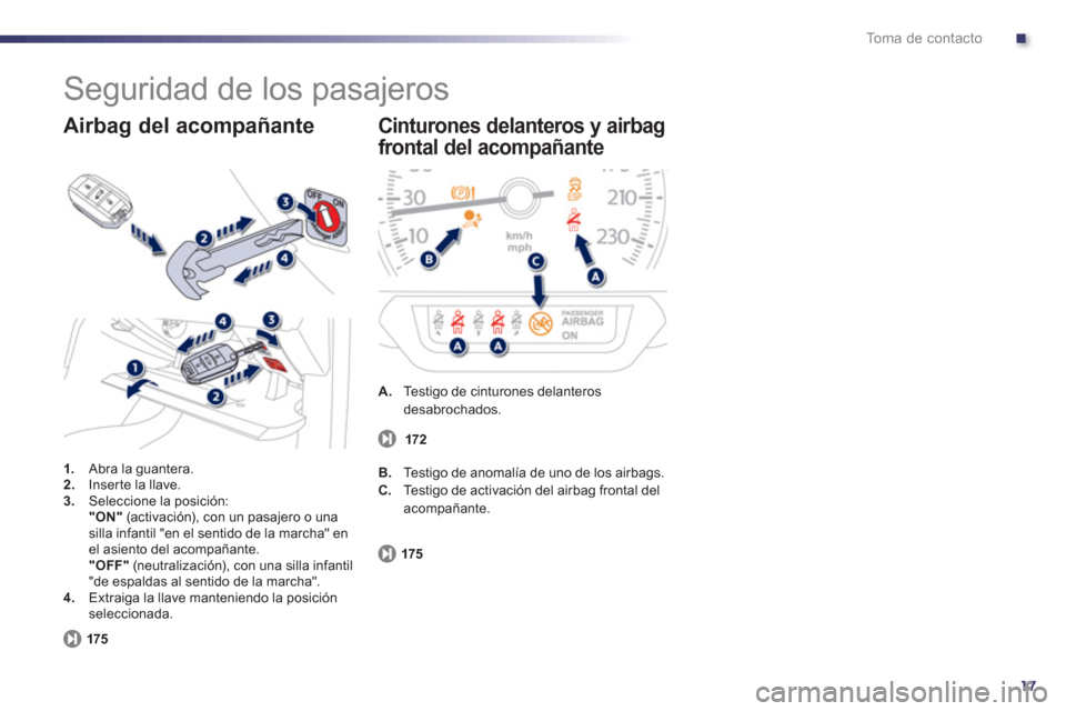 Peugeot 508 Hybrid 2011  Manual del propietario (in Spanish) .
17
To m a  d e  c o n t a c t o
  Seguridad de los pasajeros 
1. 
 Abra la guantera.2.Inserte la llave.3.Seleccione la posición:"ON"(activación), con un pasajero o unasilla infantil "en el sentido